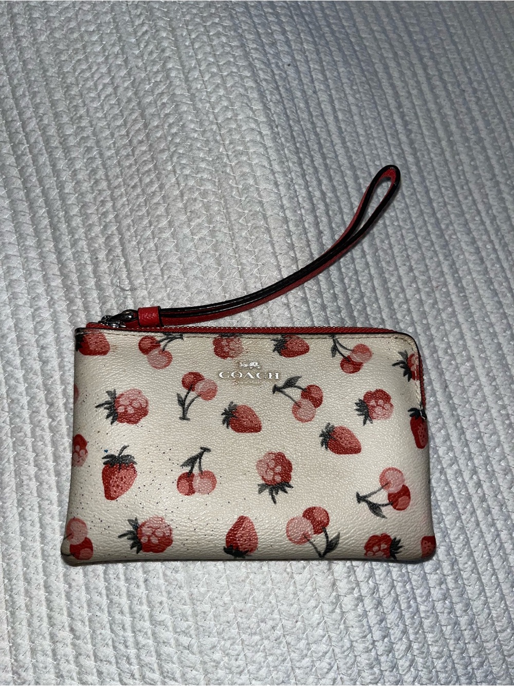 Coach Cream Wristlet with Red Berry Print